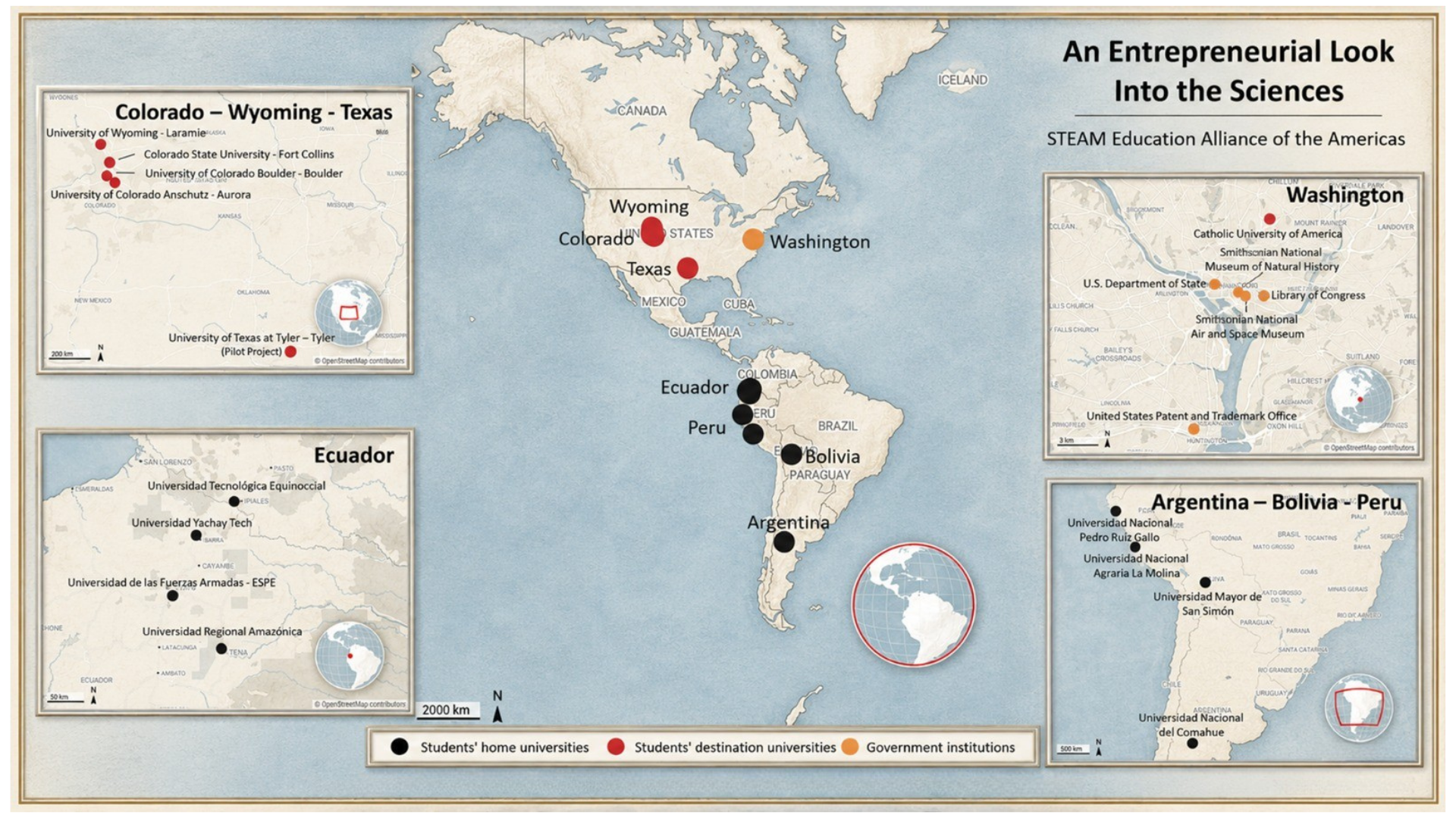 Map of the Entrepreneurial Look Into the Sciences exchange — student home universities, destination universities and government institutions across the Americas